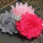 Pink & Gray Shabby Flower Headband Or..