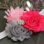 Pink & Gray Shabby Flower Headband Or..