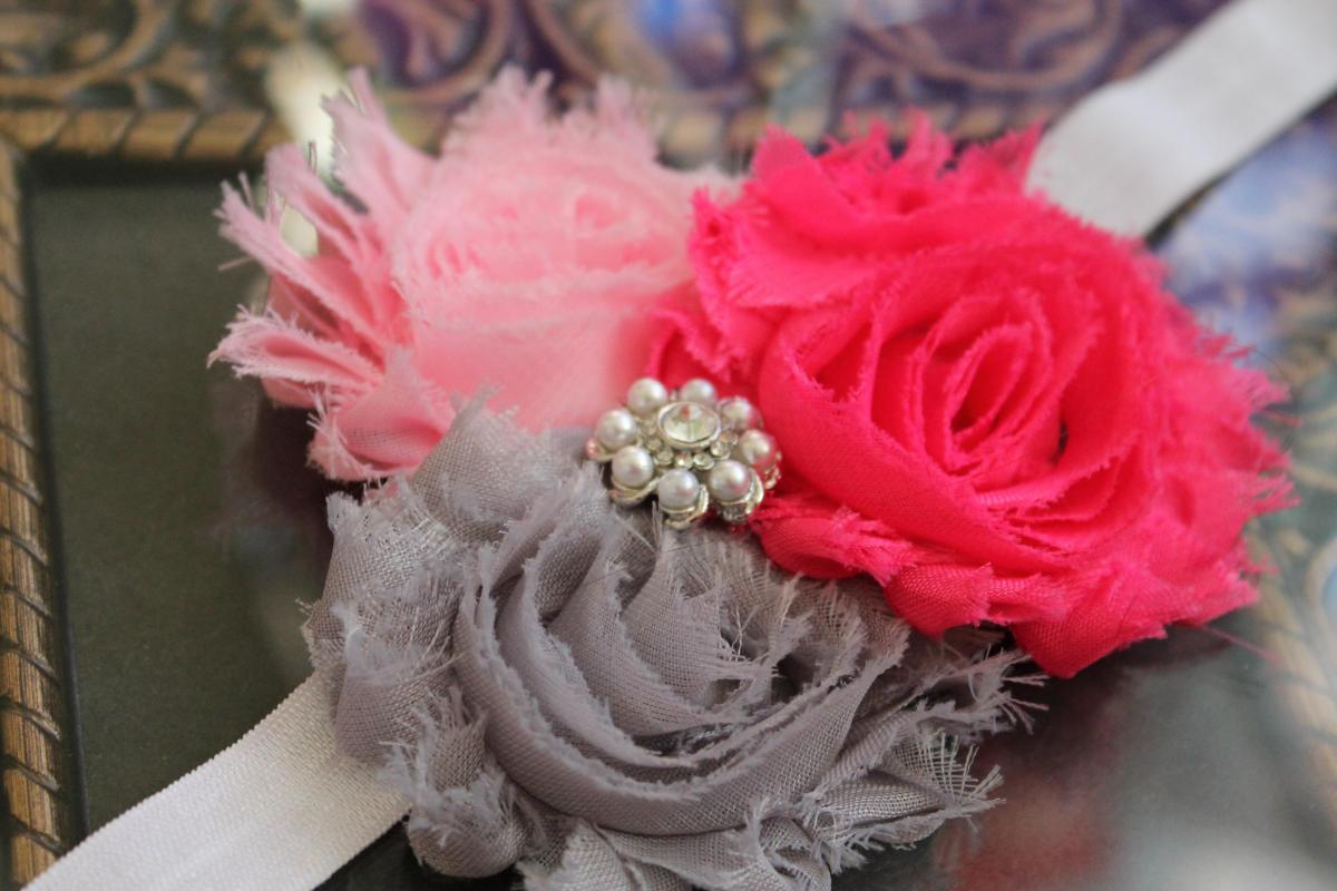 Pink & Gray Shabby Flower Headband Or Clip For Newborn Baby Infant Toddler Girl By Minime