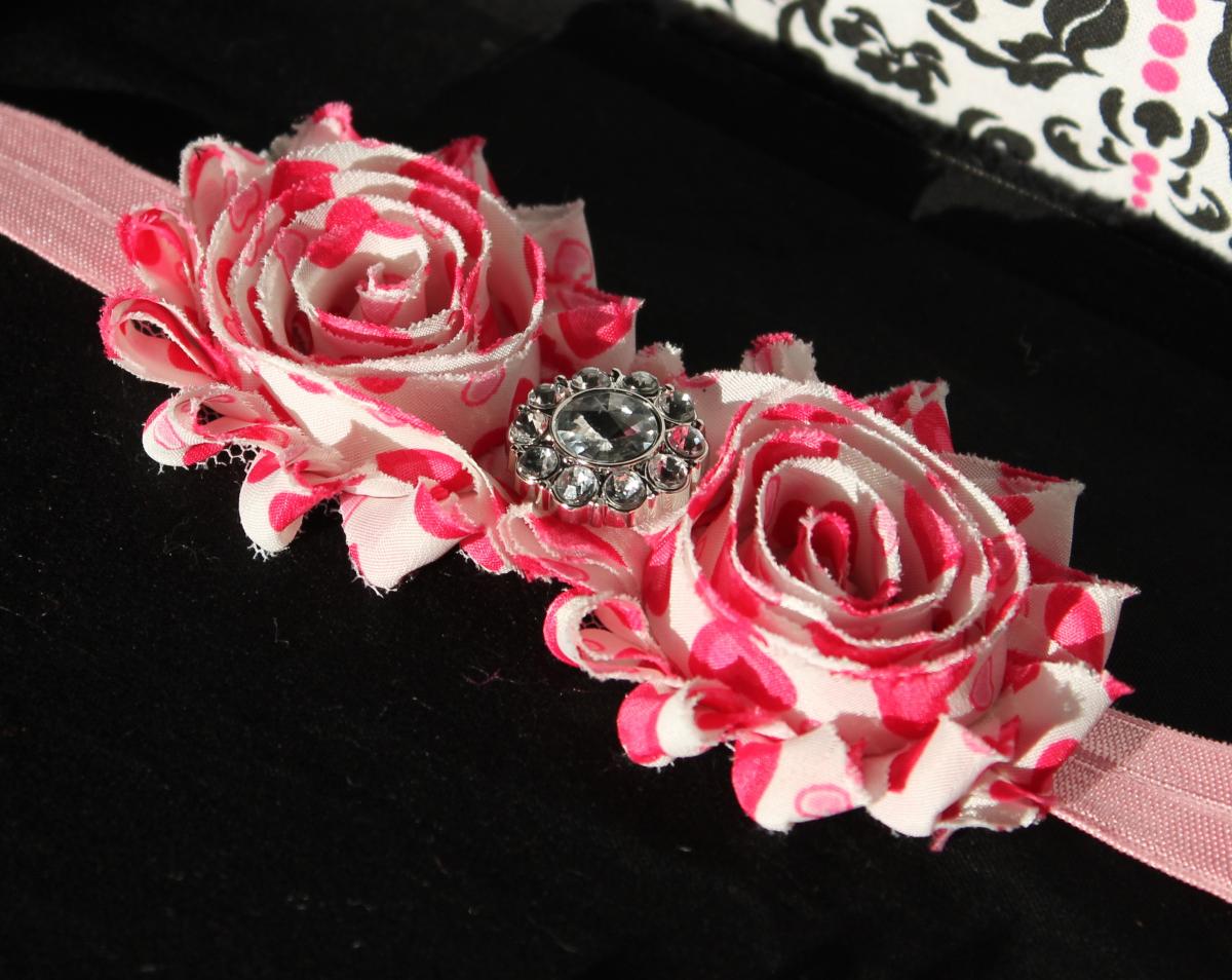 Valentine Pink White Heart Shabby Flower Headband